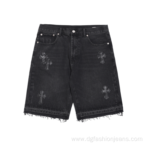 Men High Waist Embroidery Denim Shorts